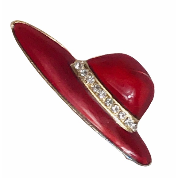 Rhinestone Hat Brooch, Red, Gold - Picture 4 of 4